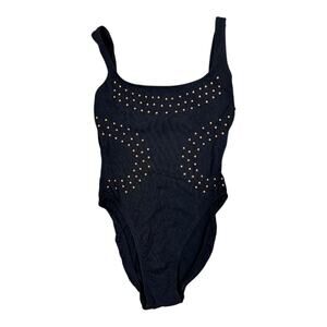 Vintage 90s Baja Blue Cotton Studded One Piece Swimsuit 8 Black Sexy High Cut